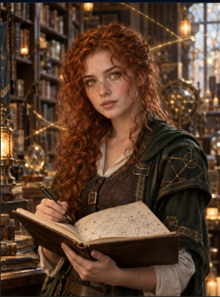 Lyra Emberhart holding an open book of celestial diagrams among lantern-lit shelves, a quill in hand.