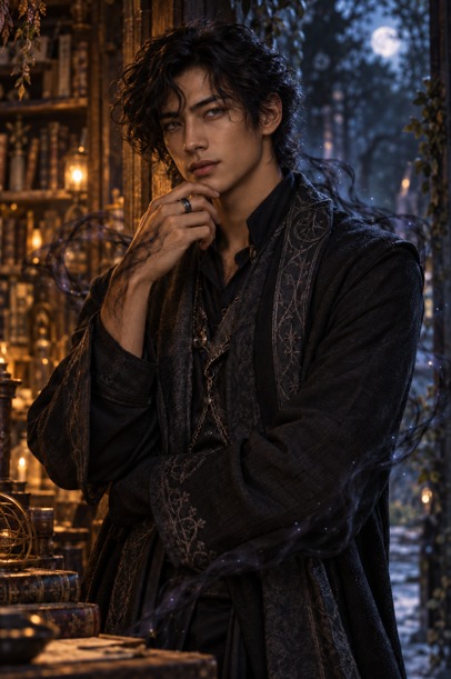 Varian Nightshade in dark robes at a moonlit window, shadow curling around him.
