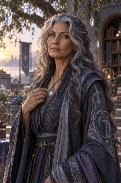 Elysia Stormweaver in star-embroidered robes at twilight, a pale crystal at her throat.
