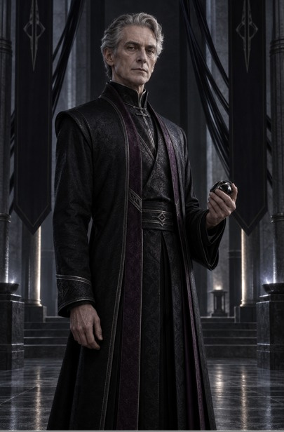 Lord Vasaris in dark robes within a shadowed hall, holding a black orb.