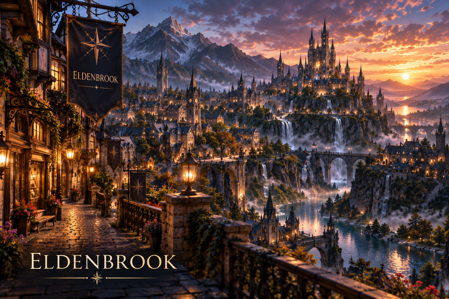 Eldenbrook at dusk — lantern-lit cobbles outside Zephyr’s, spires, waterfalls and a distant castle.