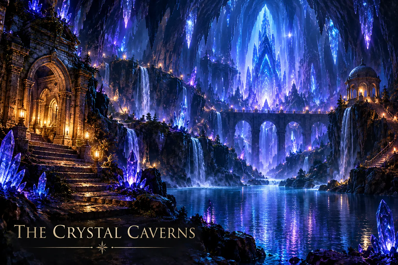 The Crystal Caverns of Moonshadow Vale — a vast underground cavern lit by glowing blue and violet crystals, waterfalls and golden lanterns.