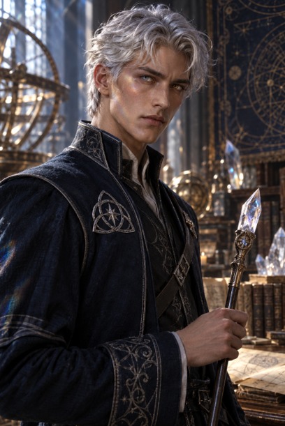 Thorne Crystallight holding a crystal-tipped staff in a vaulted archive.