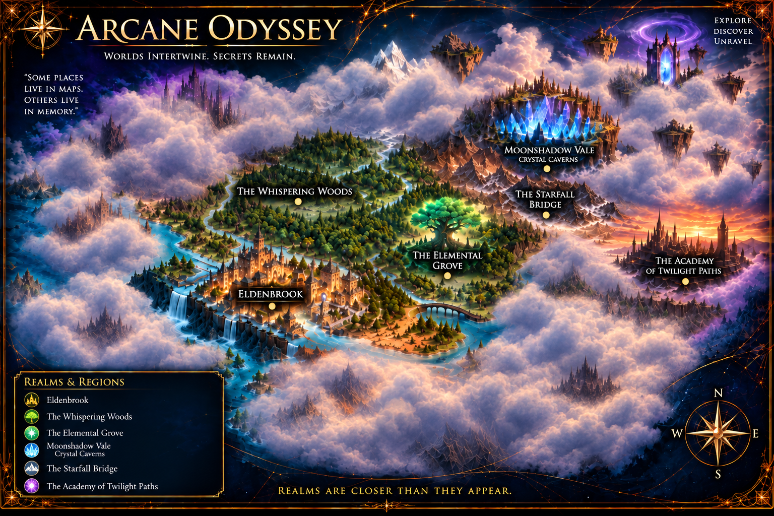 Illustrated map of the world of The Arcane Odyssey, showing Eldenbrook, the Whispering Woods, the Elemental Grove, Moonshadow Vale Crystal Caverns, Starfall Bridge and the Academy of Twilight Paths among drifting cloud.