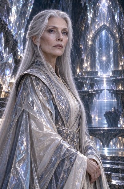 Lady Celestia in silver-white robes within a hall of crystal and starlight.