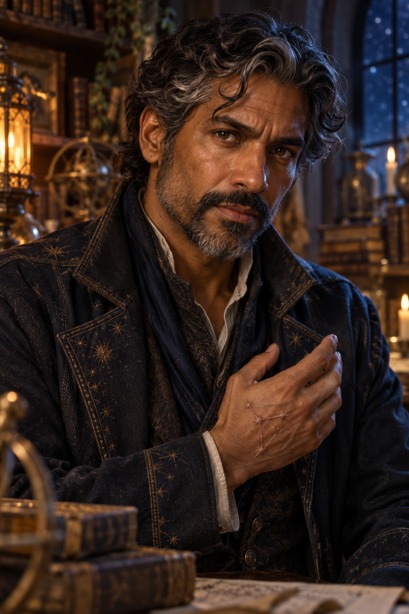 Marcus Zephyr in a star-stitched coat among books and instruments at night.