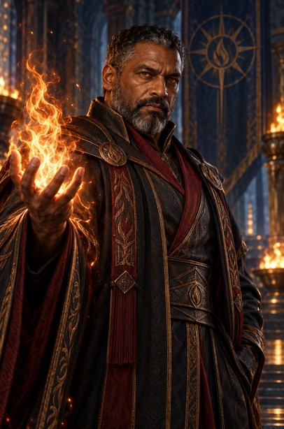 Master Aldrich Stormforge with flame rising from his open hand.