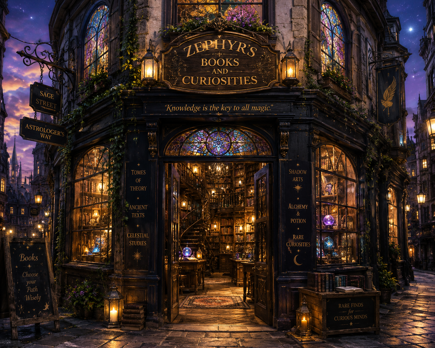 Zephyr’s Books and Curiosities at dusk, lantern-lit on the corner of Sage Street and Astrologer’s Way.