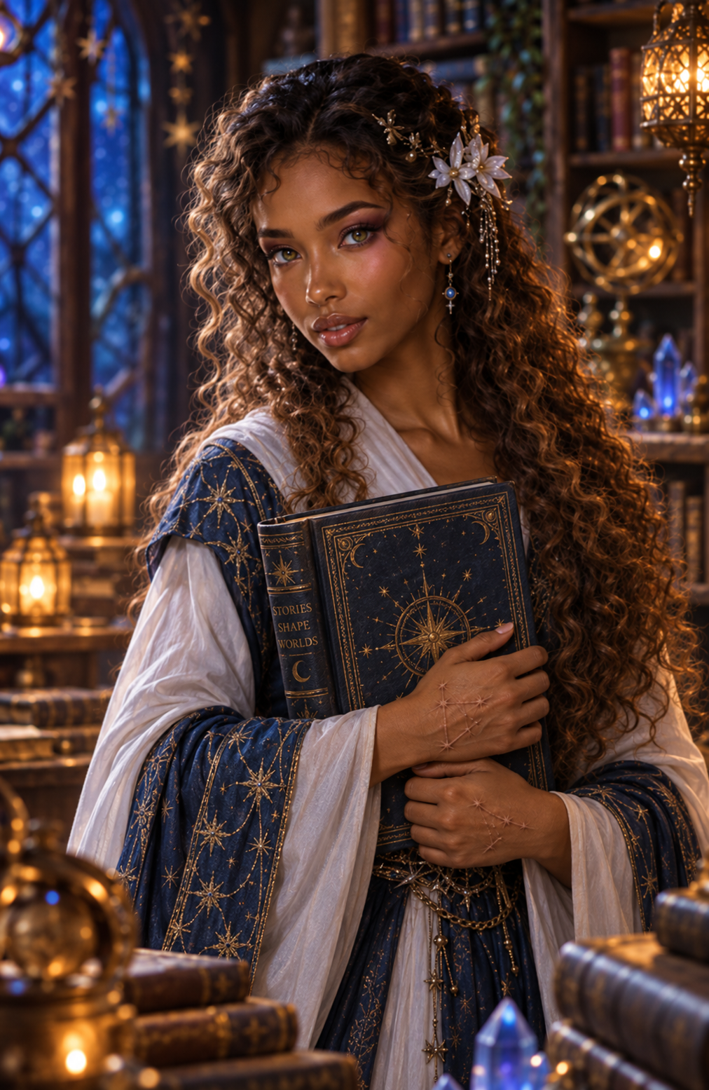 Zamaria Zephyr holding an ornate book in a glowing magical library.